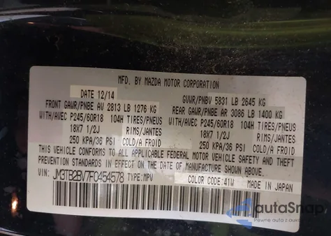 2015 Mazda Cx-9 Sport z USA, uszkodzony, nr VIN JM3TB2BV7F0454578